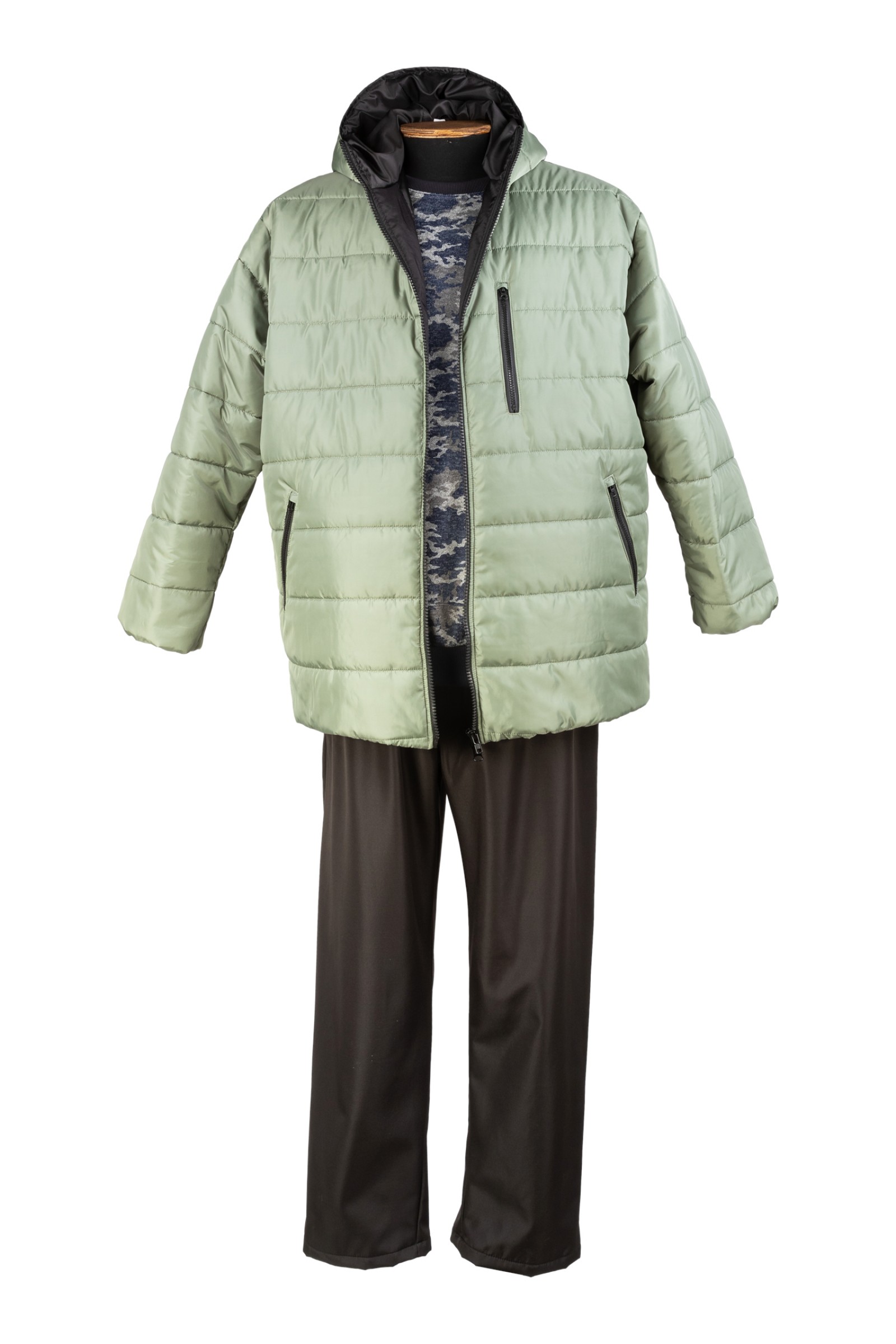 Купить Куртка большого размера стеганая (полосы) с капюшоном оливковогоцвета за 6500 руб. в интернет-магазине Мой-размер - Магазин Мой-Размер