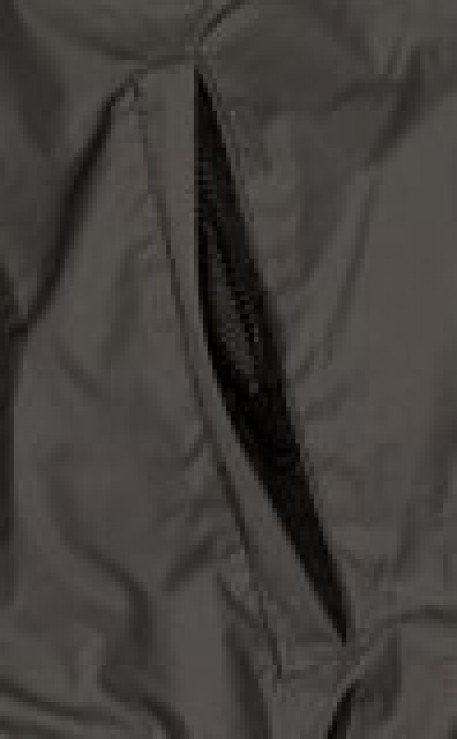 Большая куртка-ветровка бомбер из плащевки серого цвета с капюшоном