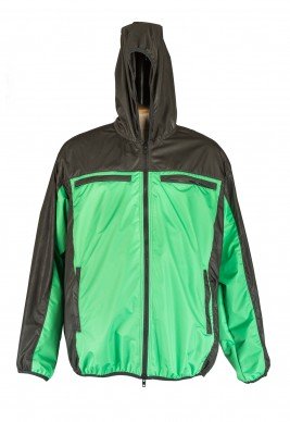 Куртка-ветровка большого размера  комбинированная зеленого цвета с черным без подкладки с капюшоном