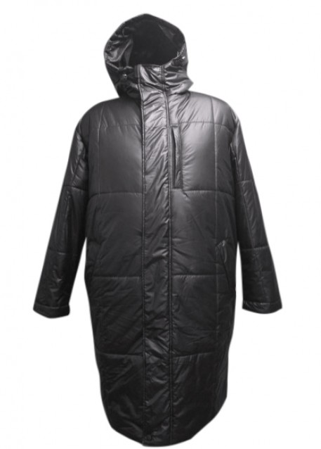 Зимнее теплое пальто большого размера черного цвета с утепленным капюшоном