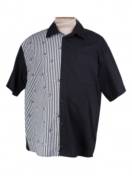 Рубашка большого размера черного цвета комбинированная из хлопка с эластаном