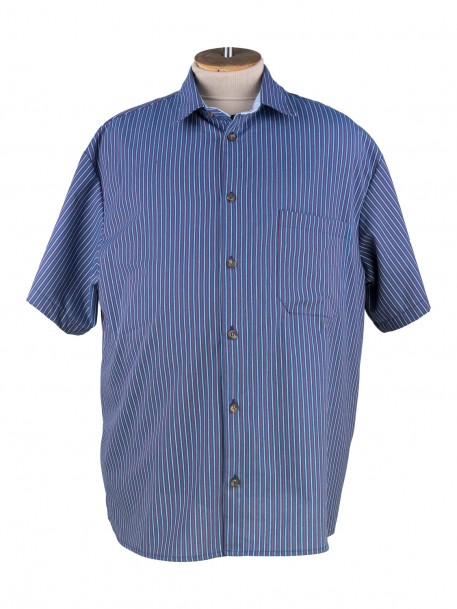 Рубашка большого размера в полоску синего цвета  с короткими рукавами из хлопка
