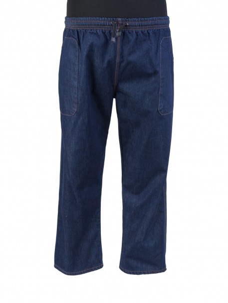 Брюки большого размера джинсовые на резинке темно-синий деним с отстрочкой за 3100 руб.