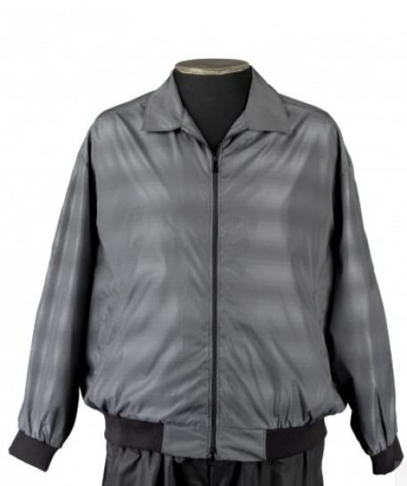 Куртка-ветровка большого размера бомбер из плащевки серого цвета с трикотажной отделкой за 4100 руб.